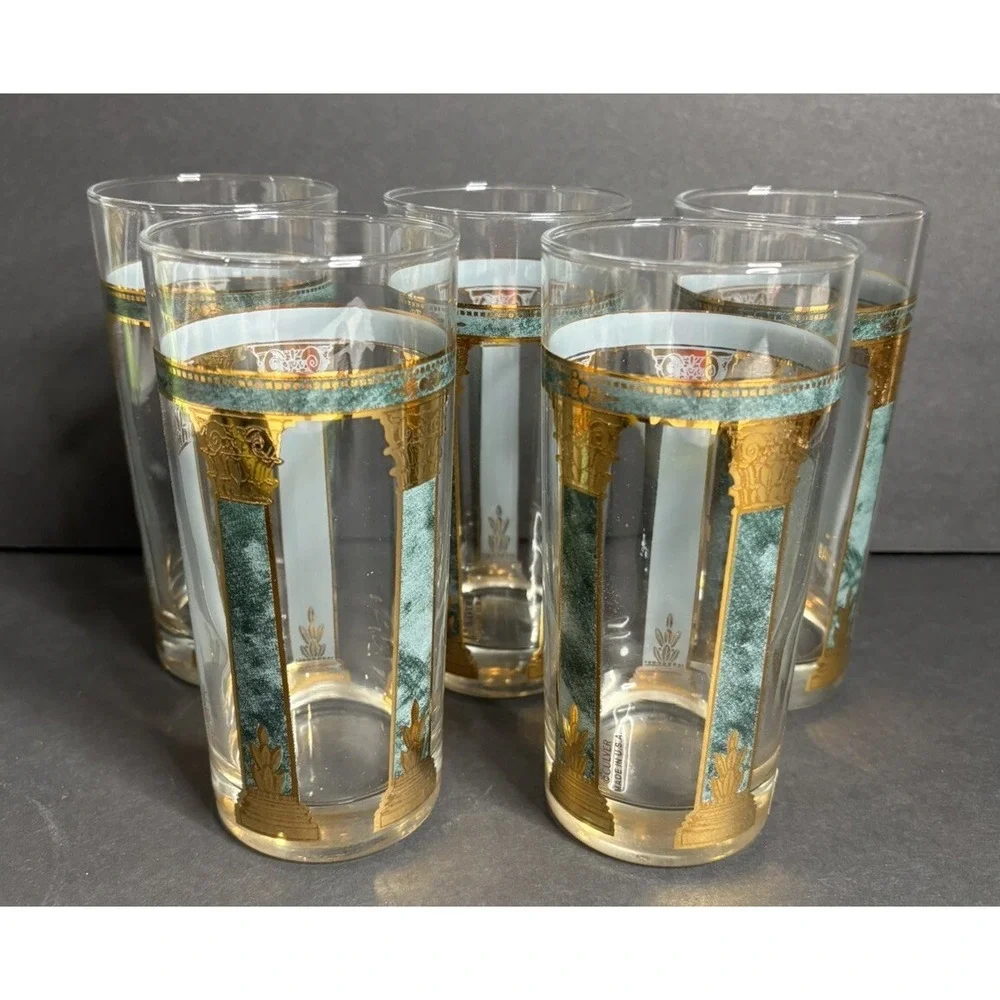 5 Vintage Culver Highball Glasses Athens Greek Columns Green Gold Retro